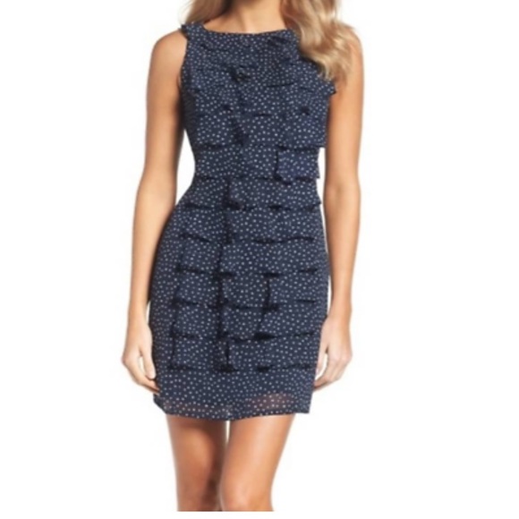 Adrianna Papell Navy And White  Polka Dot Ruffle Sheath Dress - Picture 1 of 16